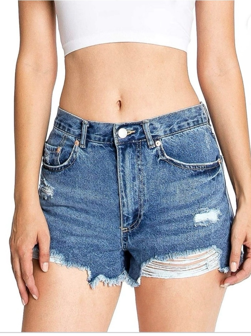 Love Tree Denim Short M High Waist Rise Distressed Raw Hem Stretch Medium
